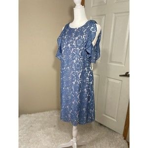 Womens Eliza J Blue Cold Shoulder Floral Lace MIDI Dress Sz 6